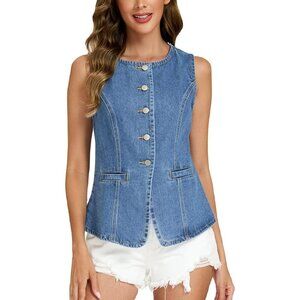 Women's Denim Vest Cotton Polyester Sleeveless Button Down Pockets Casual